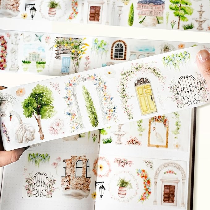 WT Pre-Cut French Courtyard Wide Washi Tape, Single Roll, Romantic European Courtyard Style with Floral Designs, Decorative Washi Paper Tape for Journaling, Scrapbooking, Planner, DIY Crafts