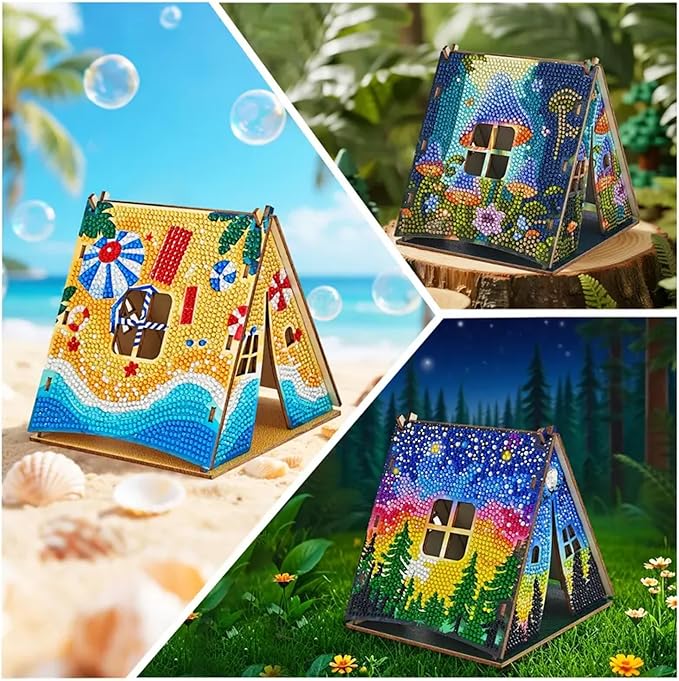 Party Ready 3D Diamond Painting Tent Craft Kit with LED Lights – Full Drill Crystal Mosaic Wood Puzzle, DIY Holiday Decorative Art for Home Display (Starry Night)