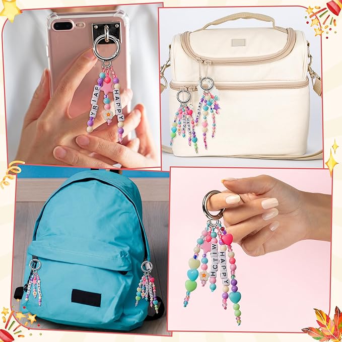 WATINC DIY Keychain Making Crafts Kits - Adjustable Letter Alphabet Beads Strings Keychain Flower Bow Shapes Beads Bulk, Bag Charms with Key Ring Supplies Jewelry Accessories Making Kit (1413Pcs)