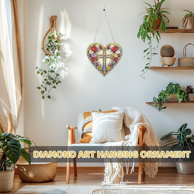 MEIYUDA Cross Diamond Painting Pendant Kits, DIY Heart Cross Special Shaped Diamond Art Hanging Kits for Adults, 5D Crystal Diamonds Painting Acrylic Pendant Ornamen for Home Decoration