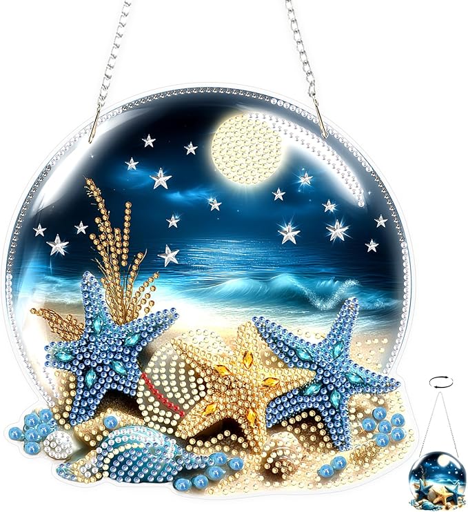 TOSTOG Diamond Art Hanging Kits for Adults, Starfish Diamond Paintings for Adults Window Pendant, Seaside Scenery Diamond Paintings Hanging Pendant Kit for Wall Decor Gift