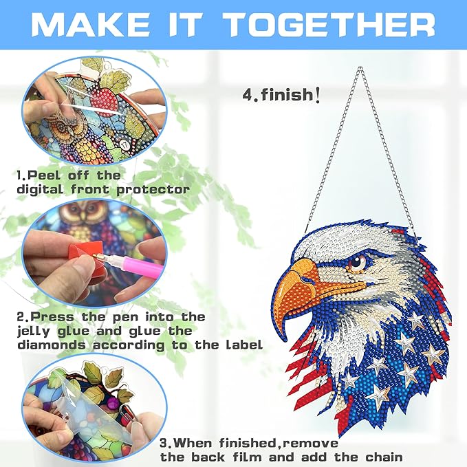 VAIIEYO Eagle Diamond Painting Hanging,Diamond Painting Suncatchers Double Side Window Hanging Kit with Chain, 7.5x7.5 inch Crystal Pendant Art Craft for Gift Home Wall Front Door Decoration-1