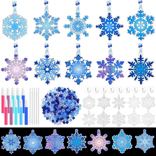Sonwyoung 30 Sets Winter Snowflake Suncatchers Ornament Craft Kits, DIY Glow in The Dark Christmas Suncatcher Kits Art Stained Glass Window Paint Art for Party Activities Craft Party Favors