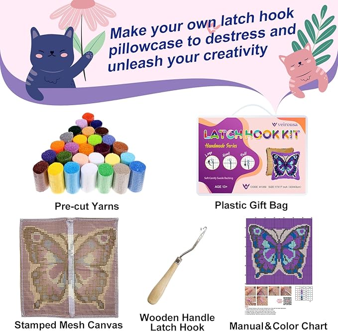 veirousa Butterfly Latch Hook Kits for Adults Beginners Animals Latch Hook Pillow Kit Pre-Printed Latch Hook Rug Kits Insect Cross-Stitch Cushion for Home Sofa Decoration 17x17 in. Handmade Gift