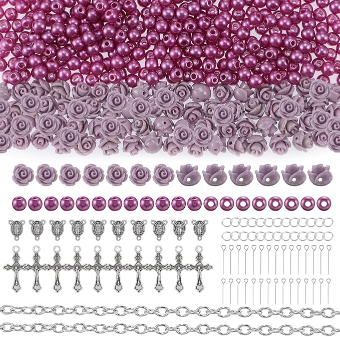OEMOO 1410PCS Rosary Jewelry Making Kit Rosary Prayer Making Supplies Carved Rose Beads Cross Centerpiece Crucifix Medal, Silver Jesus Maria Pendant for Rosary Bracelet Necklace Jewelry (Purple)