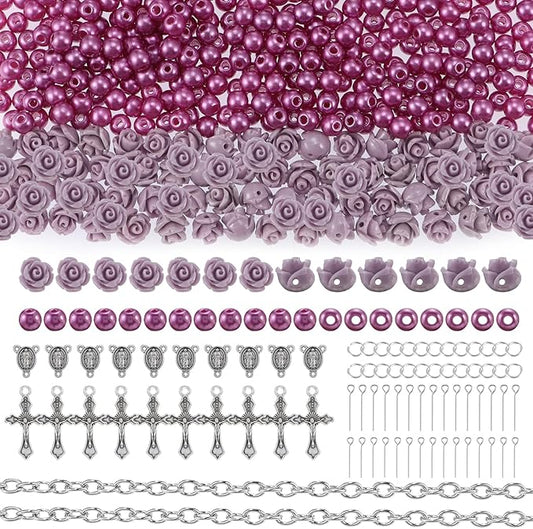 OEMOO 1410PCS Rosary Jewelry Making Kit Rosary Prayer Making Supplies Carved Rose Beads Cross Centerpiece Crucifix Medal, Silver Jesus Maria Pendant for Rosary Bracelet Necklace Jewelry (Purple)