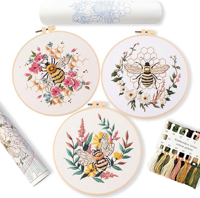 reewisly 3 pack embroidery starter kit patterns, diy adult cross stitch kits beginner, including 3 plastic embroidery rings, 1 scissors, colored threads,needles and instructions