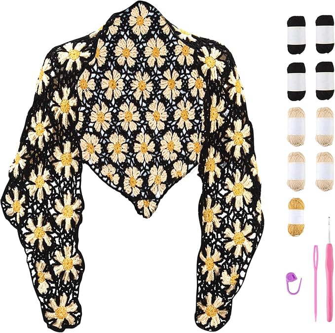 Noocro Crochet Kit for Intermediate or Advanced Levels, Complete Craft Kit for a Floral Daisy Shawl with Step by Step Video Tutorials Detailed Instructions, Perfect Holiday Gift or DIY Project (Black)