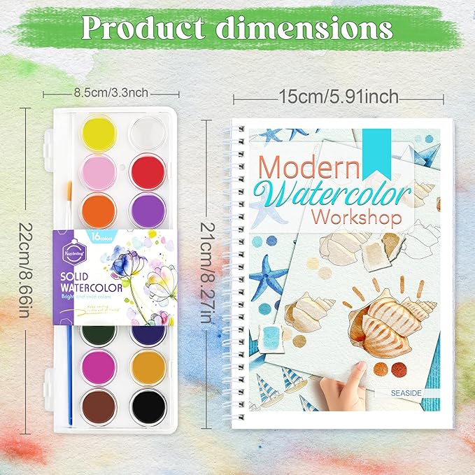 Beginners Watercolor Workbook for Adults -Step-by-Step Coloring Book Set-12 coloring book pages - Includes 16 color blocks and a brush - Professional Watercolor Paper: 300gsm/140lb (Seaside)