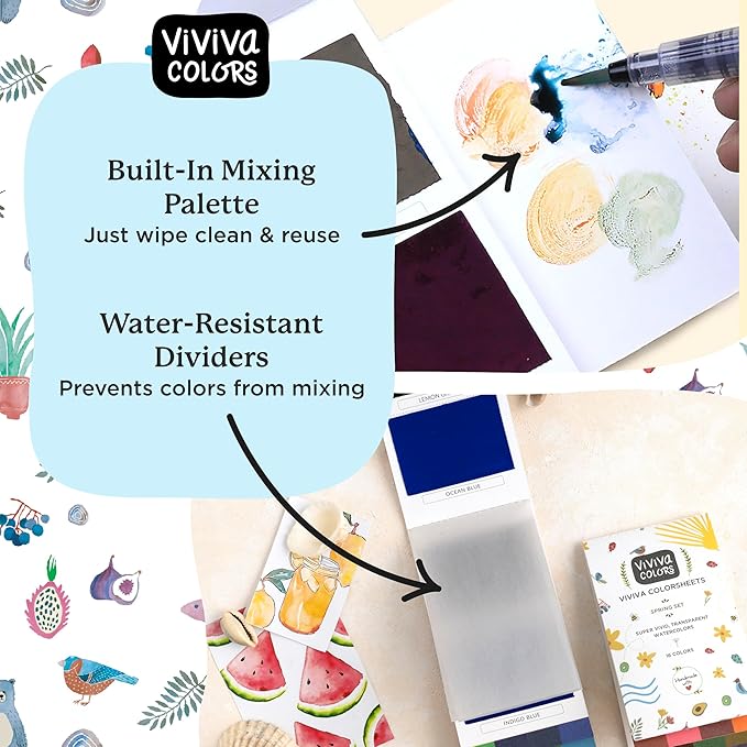 Viviva Watercolor Sheets, Spring 16 Colors - Travel Watercolor Paint Set for Adults Beginners, Artists, Hobbyists - Lightfast, Vibrant, Handmade & Portable Watercolor Kit with Mixing Palette