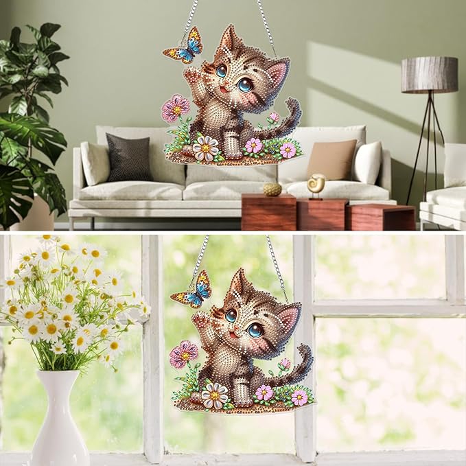 MXJSUA Butterfly Kitten Diamond Art Hanging Kits for Adults Beginners, DIY Acrylic Special Shaped Crystal Diamond Gem Drills Pendant Art Painting Ornament for Home Wall Decor Gift
