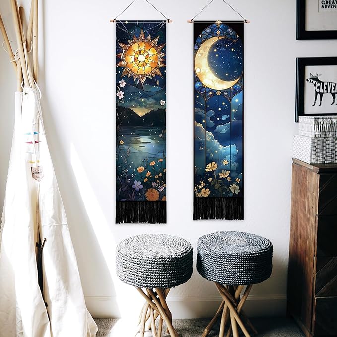 PLIGREAT 2 Pack Sun Moon Tapestry with Tassels, 52" x 13" Stained Glass Aesthetic Wall Hanging Vertical Flower Home Art Tapestry for Bedroom Living Room Bathroom Long Narrow Wall Hanging Art Decor