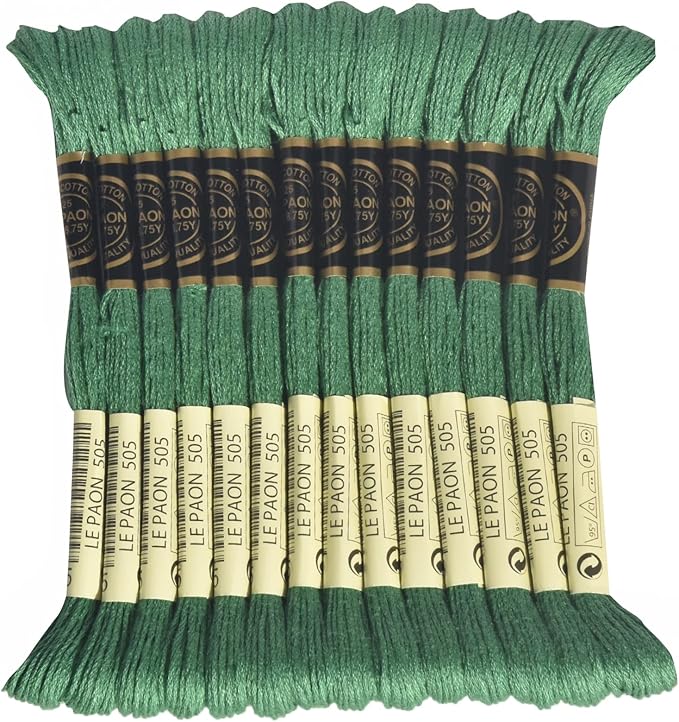 LE PAON Embroidery Floss, 14-Pack Six Strands 100% Long Staple Cotton Embroidery Thread, 8.7-Yard，Color Number：505, Jade Green-Darker Than