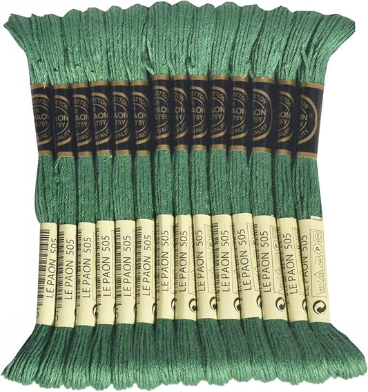 LE PAON Embroidery Floss, 14-Pack Six Strands 100% Long Staple Cotton Embroidery Thread, 8.7-Yard，Color Number：505, Jade Green-Darker Than