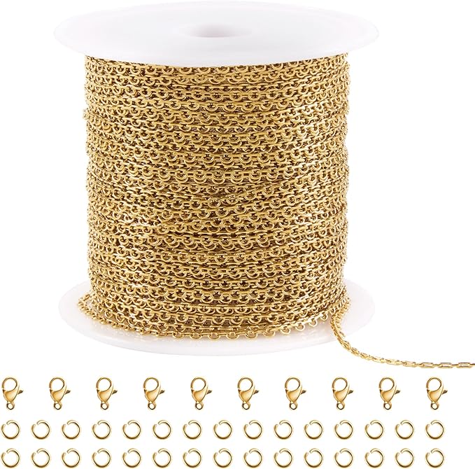 SMYHTGLIF 32.8 Feet Thin Cable Chain for Jewelry Making Gold Stainless Steel Bulk Chain Rolo Craft Jewelry