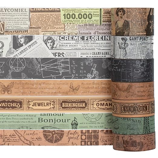 YUBX Vintage Washi Tape Set 10 Rolls Wide Decorative Antique Map Stamp Newspaper Masking Tapes for Arts, DIY Crafts, Journals