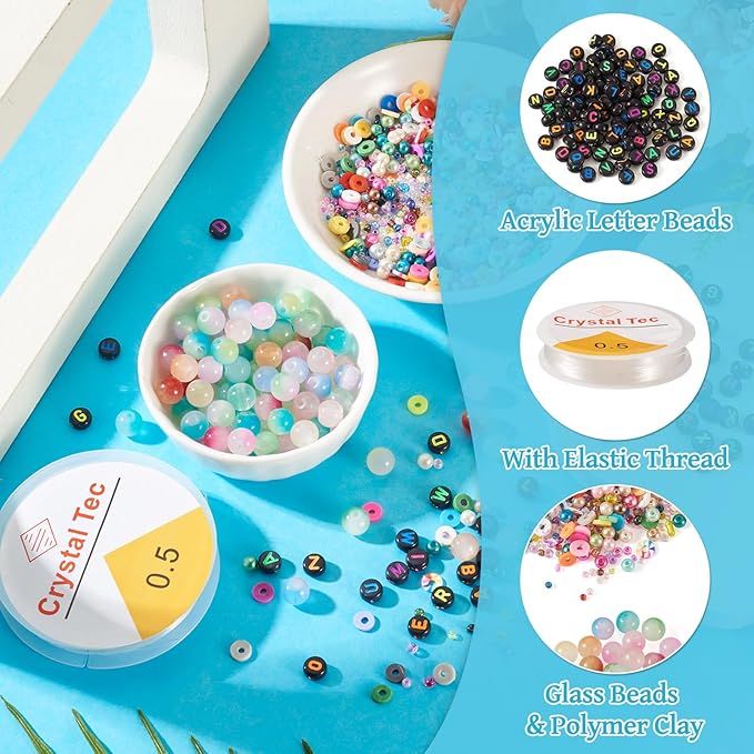 Spritewelry Friendship Bracelet Making Kit with Glass Seed Beads 8mm Colorful Clay Beads Bracelet Making Kit for Adults Letter Bead for Jewelry Making DIY Crafts Gift Supplies 1 Bag