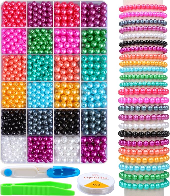 HINSOCHA Beads Bracelet Making Kit - 1020Pcs 6mm and 8mm Pearl-Like Beads for Jewelry Making, Gifts for Kids & Adults - Vibrant