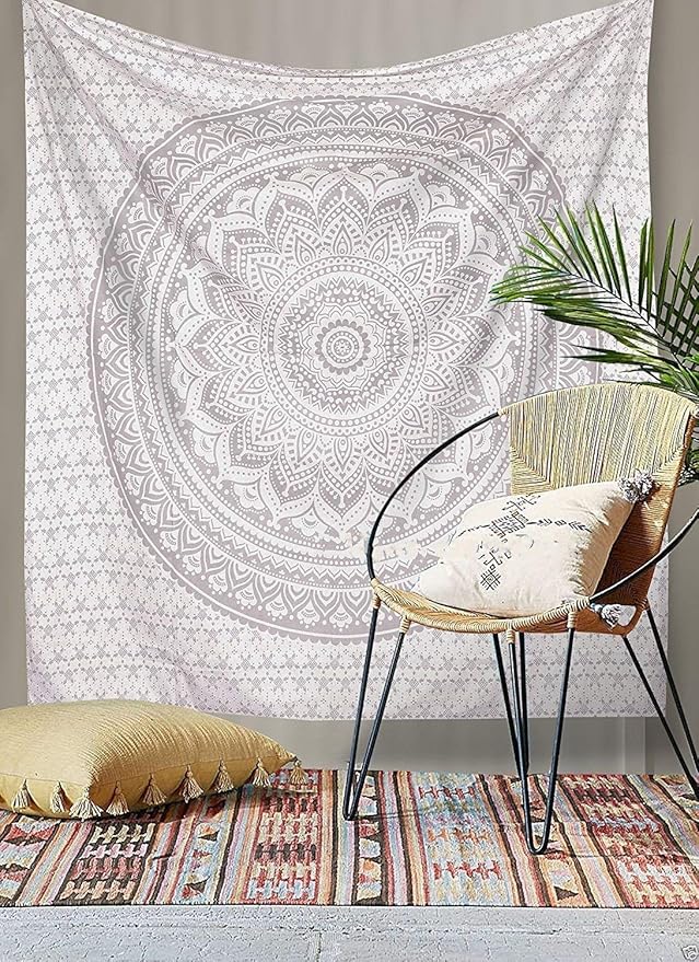 popular handicrafts tapestry wall hanging hippie ombre mandala bohemian hippy metallic shine intricate indian tapestries bedspread 54 x 82 inches (140cm x 210cm) silver