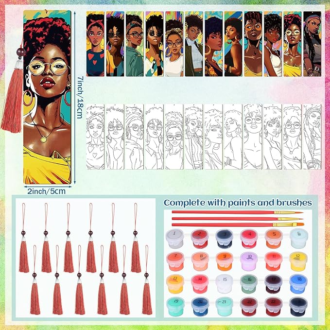 Kosiz 12 Pcs Black Women Theme Paint by Numbers Kit for Adults Wood Bookmark Painting Decor Mini Paint by Numbers Kit Tassels Blank Bookmarks Craft for Small DIY Book Lovers Gift 7x2 ''