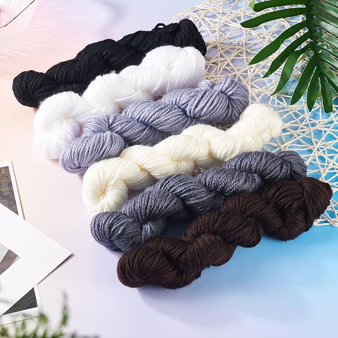 Cheriswelry 6 Skeins Black White Grey Acrylic Fiber Yarn Craft Sewing Cord Threads for Weaving Soft String for Knitting 2.2mm Skeins Yarn kit for Crochet Beginners Adults