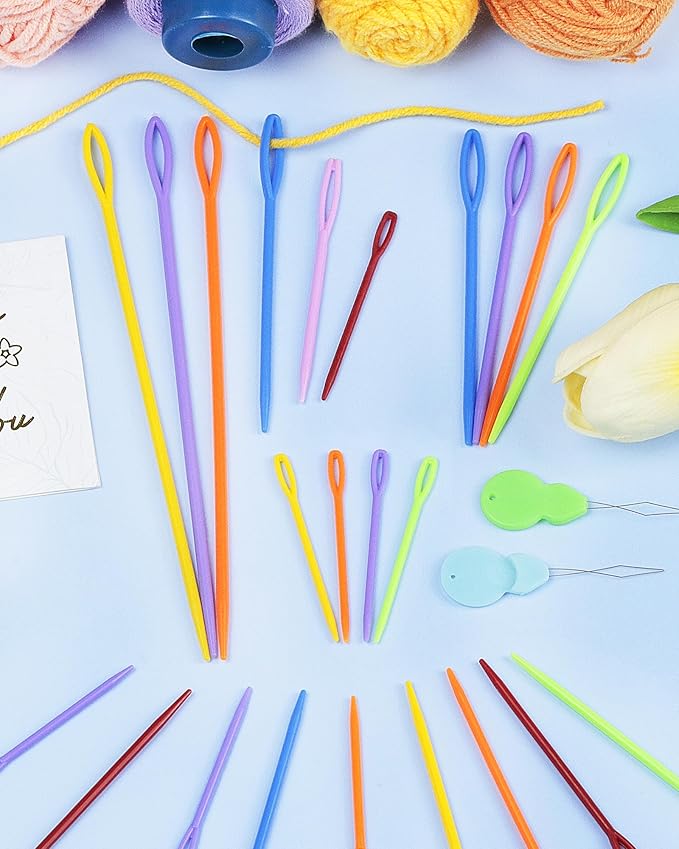 FIVEIZERO 40PCS Plastic Needles – 4 Sizes with Large Eye, Plastic Sewing Needle with Threader and Box, Yarn Needles for Crochet and Canvas, Crochet Needle for Handmade Crafts