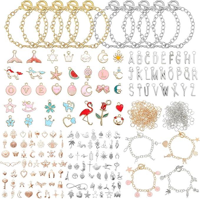 EBOOT Highergo 470 Pcs Charm Bracelet Making Kit Gold and Silver Paperclip Chain Bracelets with Ot Toggle Clasp Charms for DIY Jewelry Making
