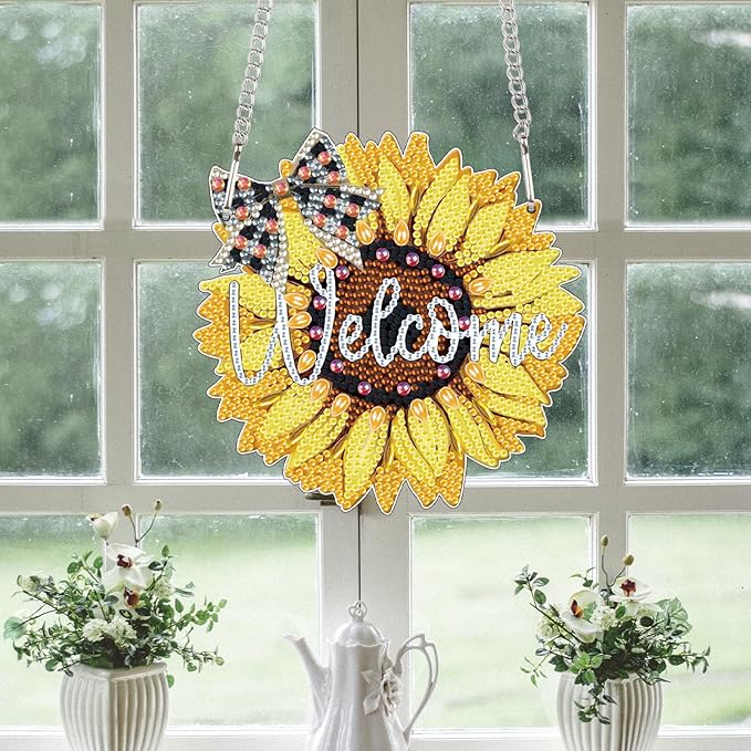 MVVMTOP 5.9x5.9inch Diamond Painting Kits Hanging Pendant DIY Sunflower Shaped Crystal Wreath Ornaments, HGJ073