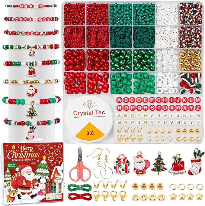 Taybonds Christmas Beads for Bracelets & Jewelry Making Bead Kit, Christmas Beads and Charms, Holiday Friendship Bracelet Kit, with Xmas Red Green, Pony, Clay, Letter, Pearls Bead, Gifts