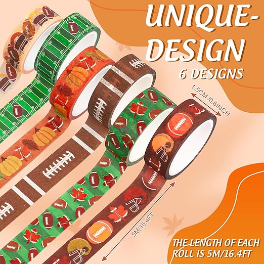 12 Rolls Fall Football Washi Tape Autumn Pumpkin Rugby Decorative Masking Tape Set Thanksgiving Wrapping Paper Tapes for Scrapbook Journal DIY Art Crafts