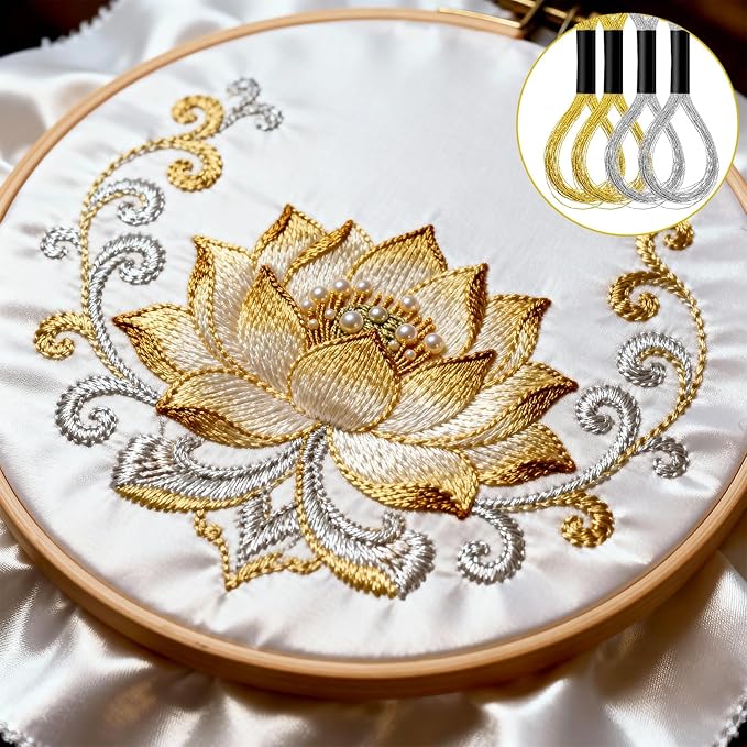 12 Skeins Metallic Embroidery Thread, Embroidery Floss Metallic Thread Glitter Threads String Cross-Stitch Threads for Sewing Making Yarn Hand Accessories(Gold+Silver)