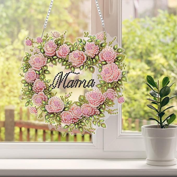 HEIBAGO Mother's Day Diamond Art Hanging Kits for Adults, Diamond Art Suncatchers Mama, 5D Special Shape Diamond Painting Pendant, DIY Window Ornament Gifts for Home Garden Door Wall Decor 8.3x8.3 in