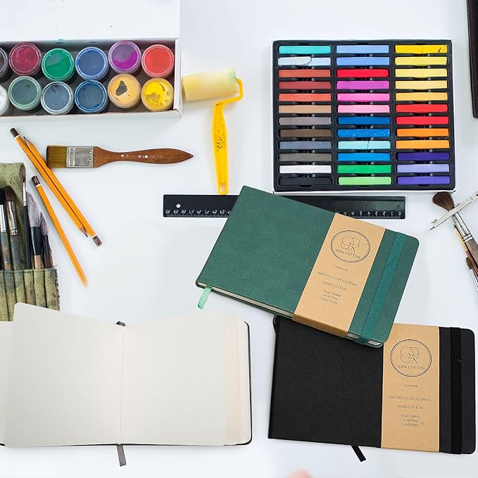 Vienrose Watercolor Sketchbook, 8.25"x5.5" Watercolor Journal with 24 Sheets 48 Pages 140 LB (300 GSM) Cotton Watercolor Paper, Black Leather Cover Water Coloring Sketch Book As Travel Notebook