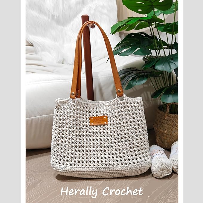 Herally Crochet Kit DIY Bag for Beginners - Include Yarn, Hook and Accessory - with Step by Step Video Tutorials - Crochet Tote Bag Beige