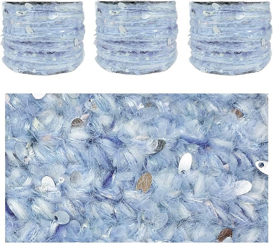 Artisanal Yarn Collection Multifiber Fancy Yarn with Silver Sequins for Knitting Crocheting Crafts DIY, Set of 3 Rolls (Baby Blue)