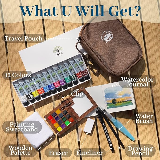Funto Mini Watercolor Travel Set, 12-Color Refillable Travel Art Kit, All-in-One Mini Paint Supplies with Bag, Art Craft for All, Portable Water Color Paint for Beginners, lovers and Artists