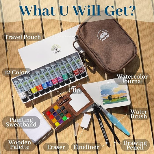 Funto Mini Watercolor Travel Set, 12-Color Refillable Travel Art Kit, All-in-One Mini Paint Supplies with Bag, Art Craft for All, Portable Water Color Paint for Beginners, lovers and Artists