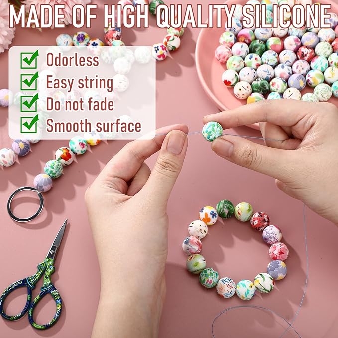 Ferreve 120 Pcs 15mm Silicone Beads Bulk Silicone Beads Print Rubber DIY Bracelet Making Kit for Keychain Making Pens Necklace Jewelry(Floral)