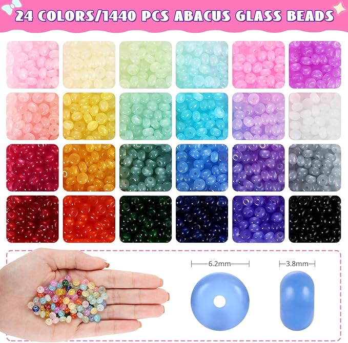 1440pcs Rondelle Beads for Jewelry Making, 3x6mm Abacus Glass Spacer Beads for Bracelet, 24 Colors Gemstone Crystal Stones Bead for Necklace DIY Crafts Jewelry Making