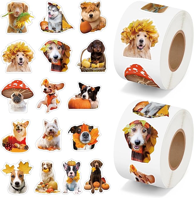 h1vojoxo autumn thanksgiving sticker rolls - 1000pcs fall dog dress up stickers in 2 rolls 16 designs autumn thanksgiving self-adhesive sticker for kids craft envelope dog lover holiday party supplies
