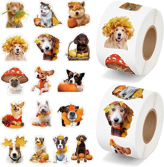 h1vojoxo autumn thanksgiving sticker rolls - 1000pcs fall dog dress up stickers in 2 rolls 16 designs autumn thanksgiving self-adhesive sticker for kids craft envelope dog lover holiday party supplies