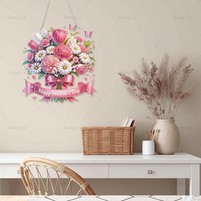 Aeepics Hanging Diamond Art Kit for Adult, DIY Diamonds Painting Pendant Ornament Kit, Acrylic Diamond Art Painting Board Kit (Mother's Day)