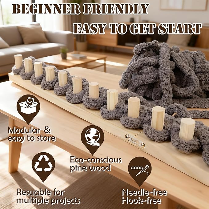Lewhoo 55’ Chunky Knitting Blanket Loom Kit,Thick Nature Wooden Loom Frame for Beginners,3 Pack DIY Throw Blankets Knitting Tool for Hand