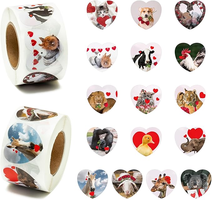 beyumi 1000pcs valentine's day realistic animal stickers in 2 rolls for kids valentine animal heart decals waterproof vinyl labels for greeting card envelope scrapbooking party decor gift girls teens