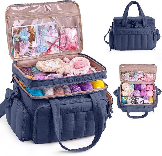 MYBAGZING Large Knitting & Crochet Bag Organizer for Yarn Storage, Double-Layer Knitting Project Bag with 6 Grommets, Yarn Organizer Tote for Knitting Supplies Crochet Hooks & Accessories Gift for Mom