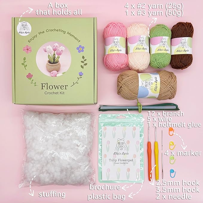 Lily's Lyric Flower Crochet Kit | Tulip Flowerpot | Step-by-Step Video Tutorial for Adults Teenagers | DIY Home Decoration Craft Gift Idea Pink