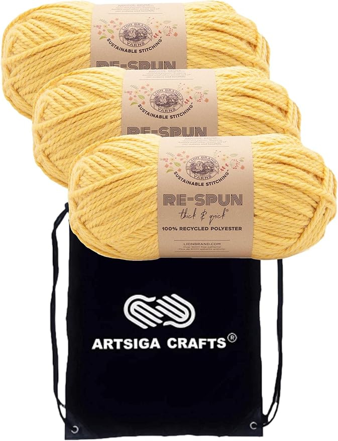 Lion Brand Re Spun Thick & Quick Sunshine 843-157 (3-Skeins - Same Dye Lot) Weight S Bulky #6 Polyester Yarn for Crocheting and Knitting with Project Bag