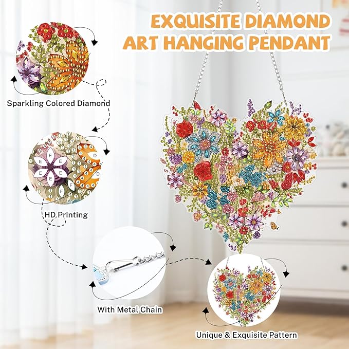 Heart-Shaped Flower Diamond Art Hanging Kits for Adults, Diamond Art Suncatchers Flowers, 5D Special Shape Diamond Painting Pendant Window Ornament Gifts for Home Wall Door Decor