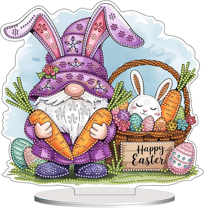 VODAPYC Easter Diamond Art Tabletop, DIY Stand Up Double Sided Special Shaped Partial Diamond Art Desktop Ornaments for Home Decor (Easter Gnome)