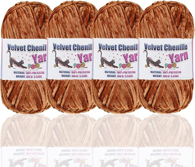 4 * 100g Fluffy Velvet Chenille Yarn for Crocheting and Knitting, Handcrafts Weaving Soft Chenille Yarn for Crocheting Clearance, Used for Making Baby Yarn Blanket, Clothes, DIY Craft (Coffee)